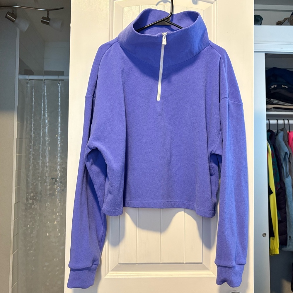 Dudley Stephens Cropped Cowl Neck Zip Terry Sweater in Purple-Blue